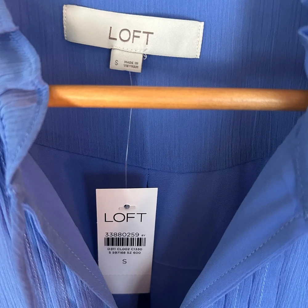 LOFT Blue Pleated Mandarin Collar Blouse - Picture 2 of 3